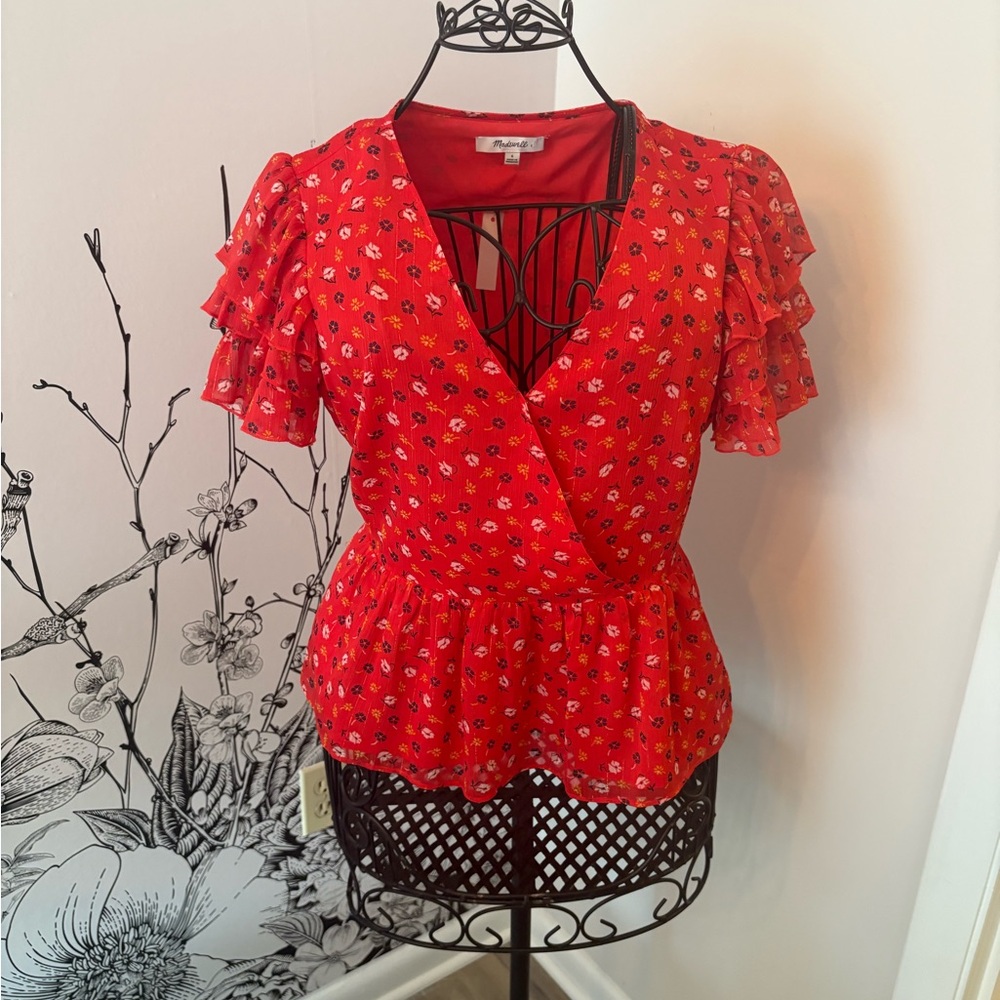 NWT Madewell Red peplum ruffle floral wrap top